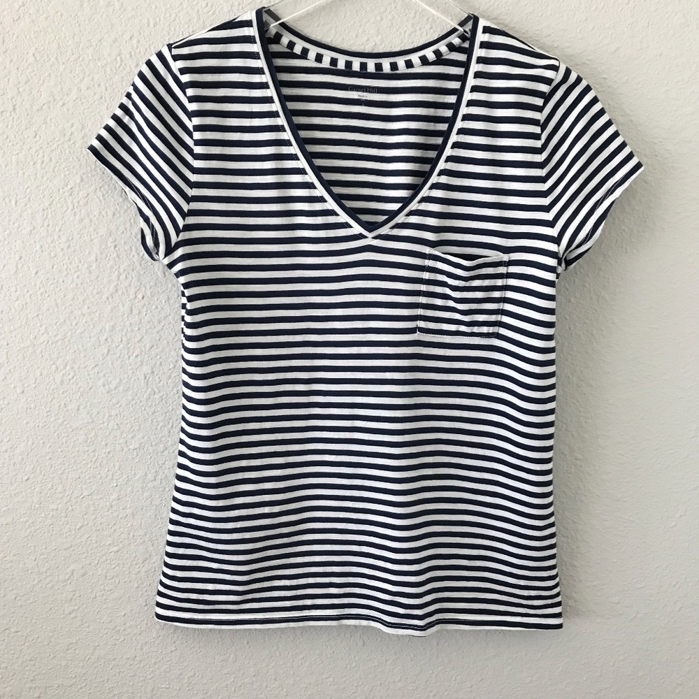 Garnet Hill Organic Pima Cotton Striped Weekender Tee S Short Sleeve V-Neck